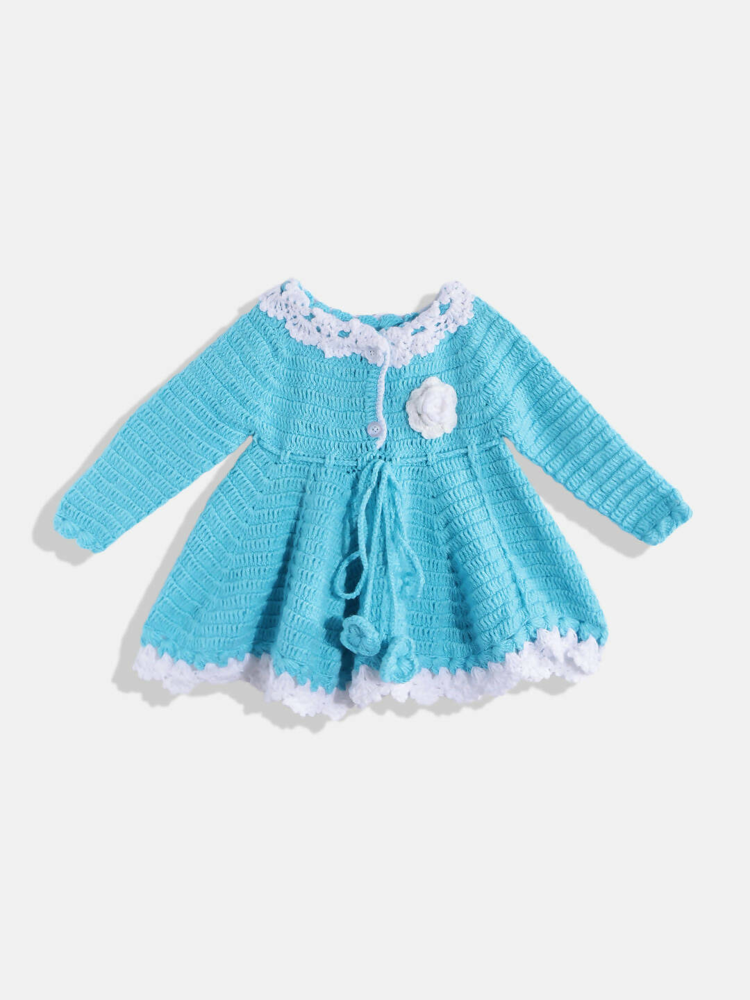 Chutput Kids Woollen Hand Knitted Full Sleeves Flower Work Dress For Baby Girls - Blue | Grocsy