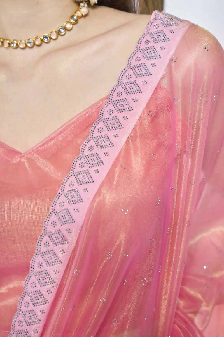 Pink Gold Tissue Net Solid & Gold Cotted Saree - Samaa | Grocsy
