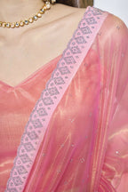 Pink Gold Tissue Net Solid & Gold Cotted Saree - Samaa | Grocsy