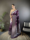 Joban Fashion Wine Floral Motifs Soft Silk Banarasi Saree | Grocsy