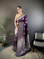 Joban Fashion Wine Floral Motifs Soft Silk Banarasi Saree | Grocsy