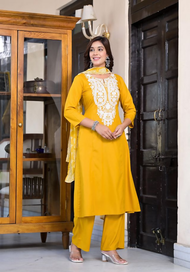 Juniper Women's Mustard Thread Embroidered Rayon Kurta Set | Grocsy
