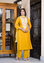 Juniper Women's Mustard Thread Embroidered Rayon Kurta Set | Grocsy