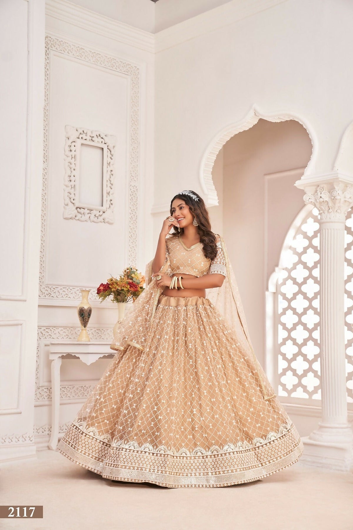 Eilara Women'S Pista Dusty Chiqu Net White Cotton Thread And Zari Sequence Embroidered Work Lehenga Choli For Party Wear | Grocsy