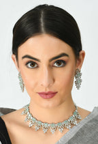 Mominos Fashion Johar Kamal Silver-Plated American Diamond Pista Green Choker Set | Grocsy