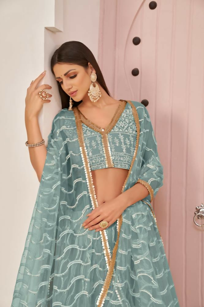 Aastha Fashion Ocean Blue Butterfly Net White Cotton Thread Work, Zari Work And Sandwich Sequence Work Embroidery Wedding Wear Lehenga Choli | Grocsy