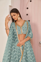 Aastha Fashion Ocean Blue Butterfly Net White Cotton Thread Work, Zari Work And Sandwich Sequence Work Embroidery Wedding Wear Lehenga Choli | Grocsy
