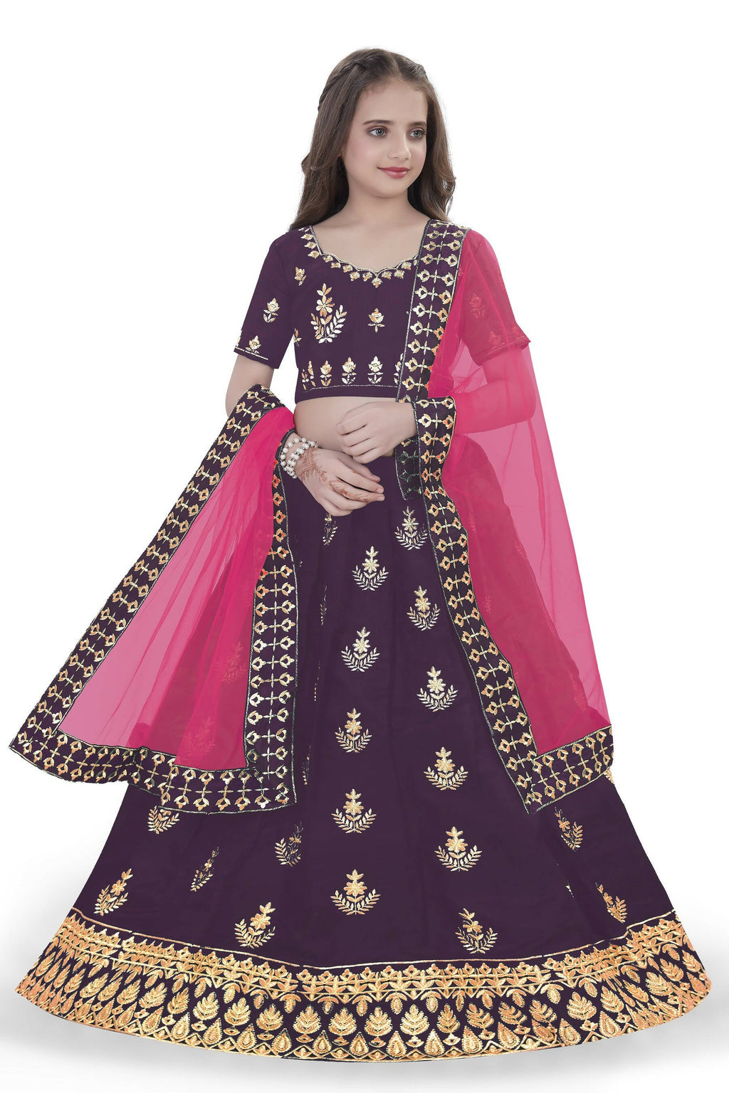 Dwiden Purple Kamal Tafetta Sattin Semi-Stitched Girl's Lehenga Choli | Grocsy