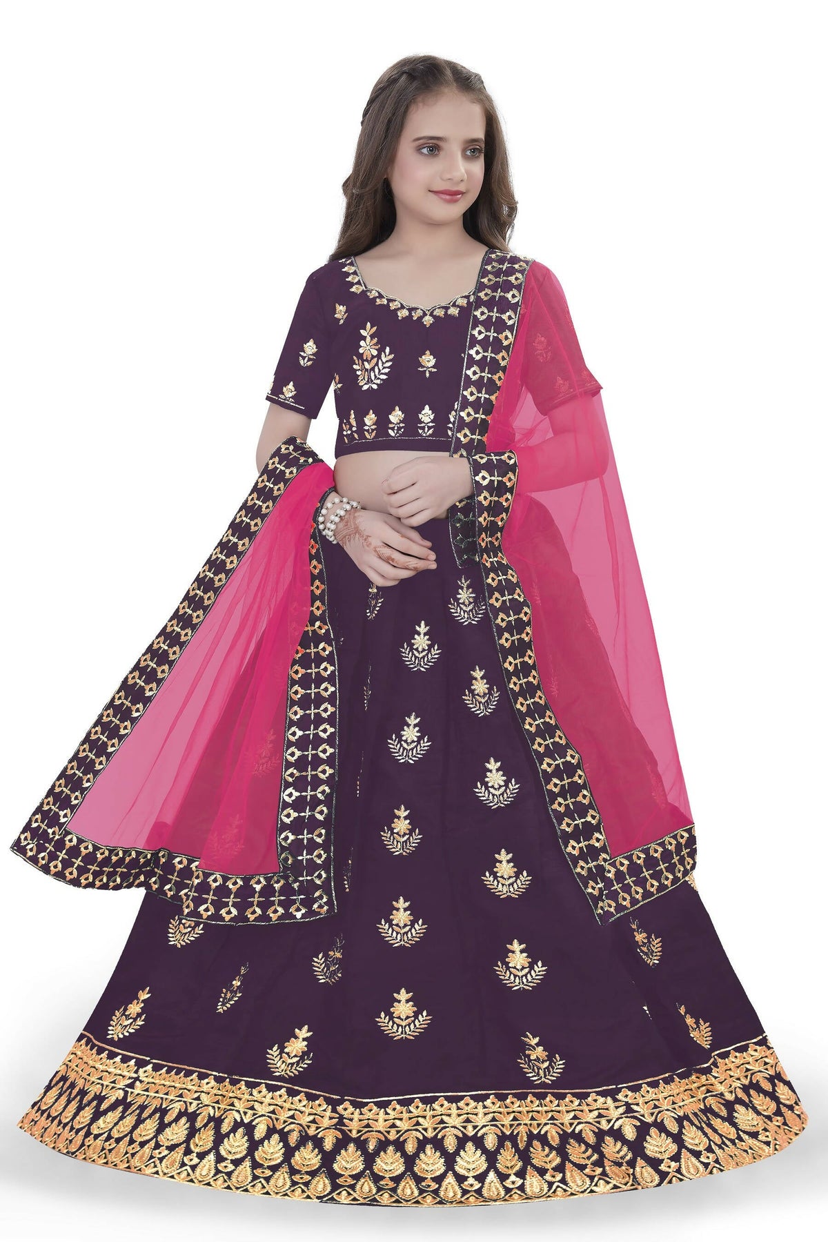 Dwiden Purple Kamal Tafetta Sattin Semi-Stitched Girl's Lehenga Choli | Grocsy