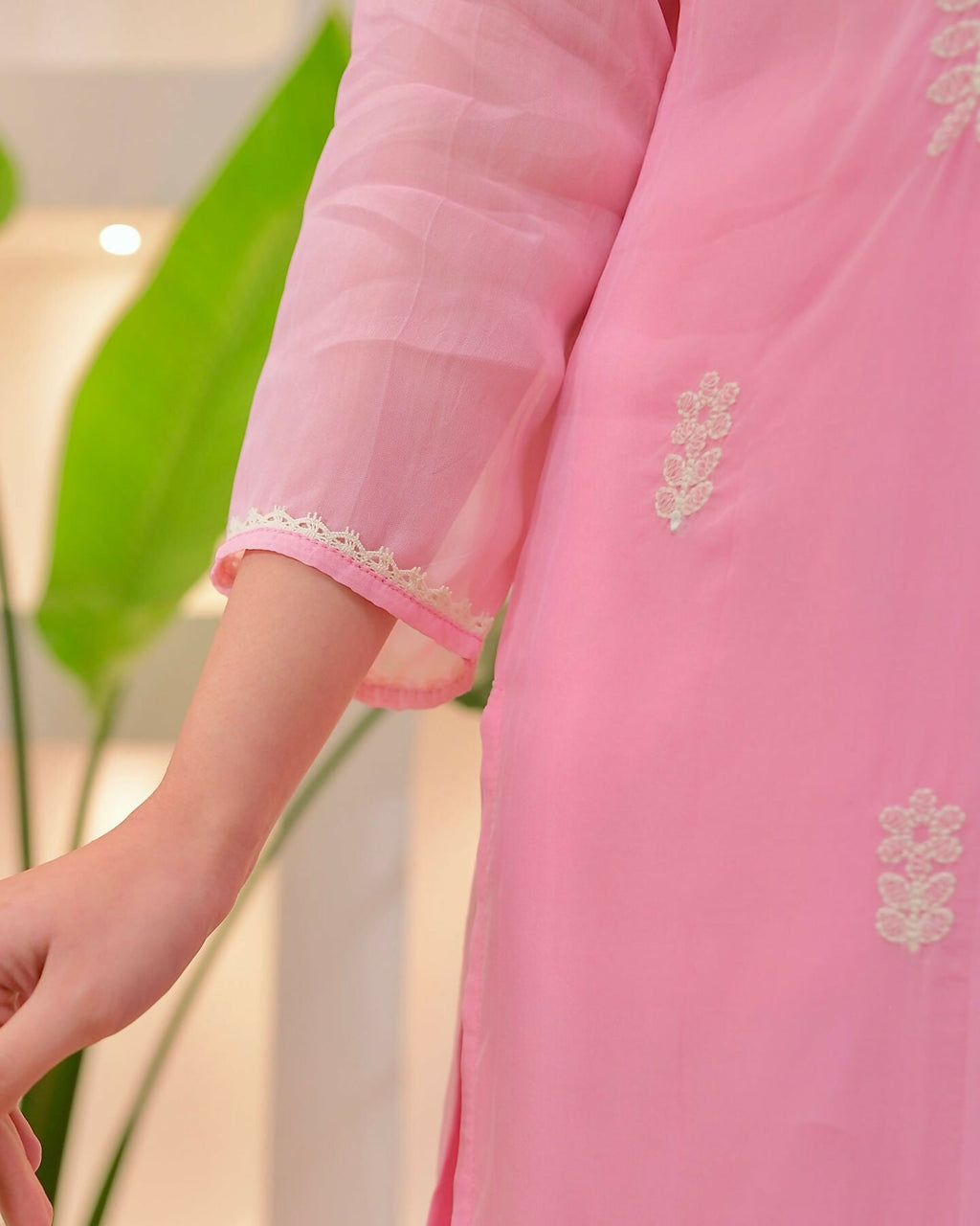 The52 Pink Women's Beautiful Chikankari Work Chanderi Fabric Straight Kurta Pant and Dupatta Set | Grocsy