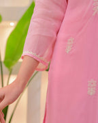 The52 Pink Women's Beautiful Chikankari Work Chanderi Fabric Straight Kurta Pant and Dupatta Set | Grocsy