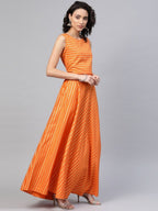 Ahalyaa Women's Orange Crepe Gold Print Top Skirt With Printed Jacket | Grocsy