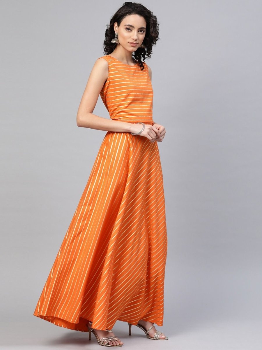 Ahalyaa Women's Orange Crepe Gold Print Top Skirt With Printed Jacket | Grocsy