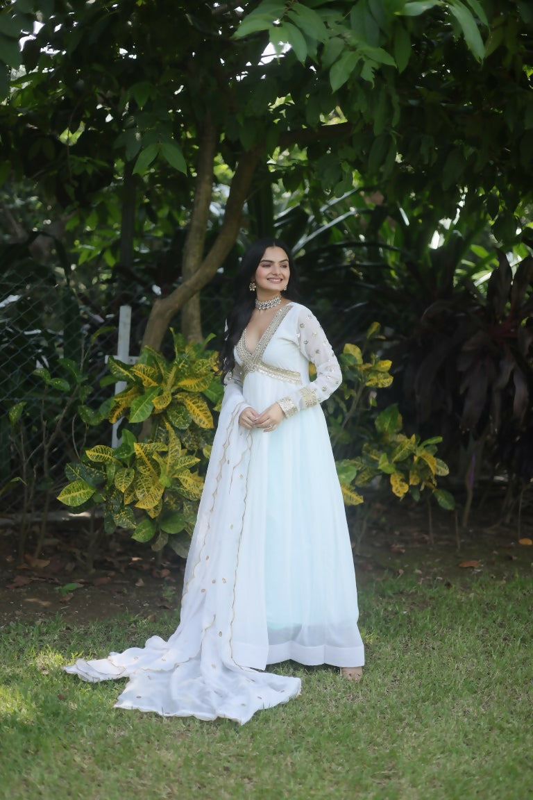 Jyoti Fashion Women's White Faux Blooming Sequins Zari Embroidered Anarkali Dress with Dupatta | Grocsy