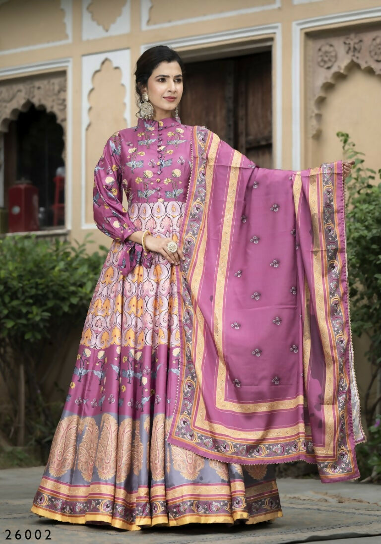 Wedding Designer Purple Soft Dola Silk Anarkali suit with Dupatta - Samanta | Grocsy