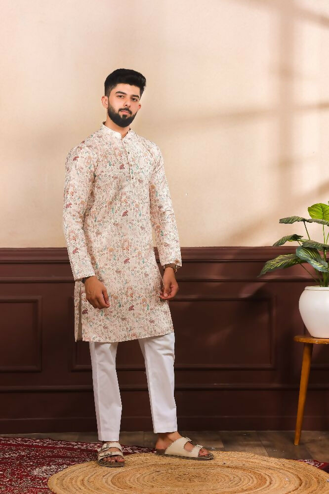 Beige Art Silk Digital Printed, Embroidery Work Kurta Set - Mahotsav | Grocsy