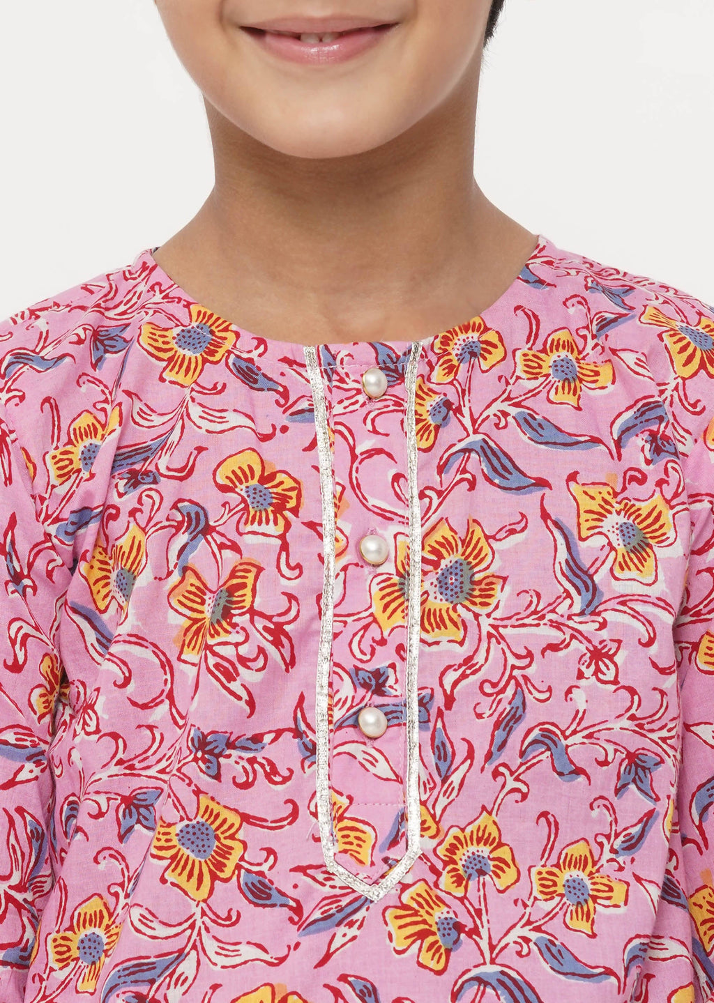 Little Bansi Boys Cotton Block Print Floral Kurta with Pearl Buttons & Pyjama in Pink & Cream | Grocsy