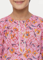 Little Bansi Boys Cotton Block Print Floral Kurta with Pearl Buttons & Pyjama in Pink & Cream | Grocsy