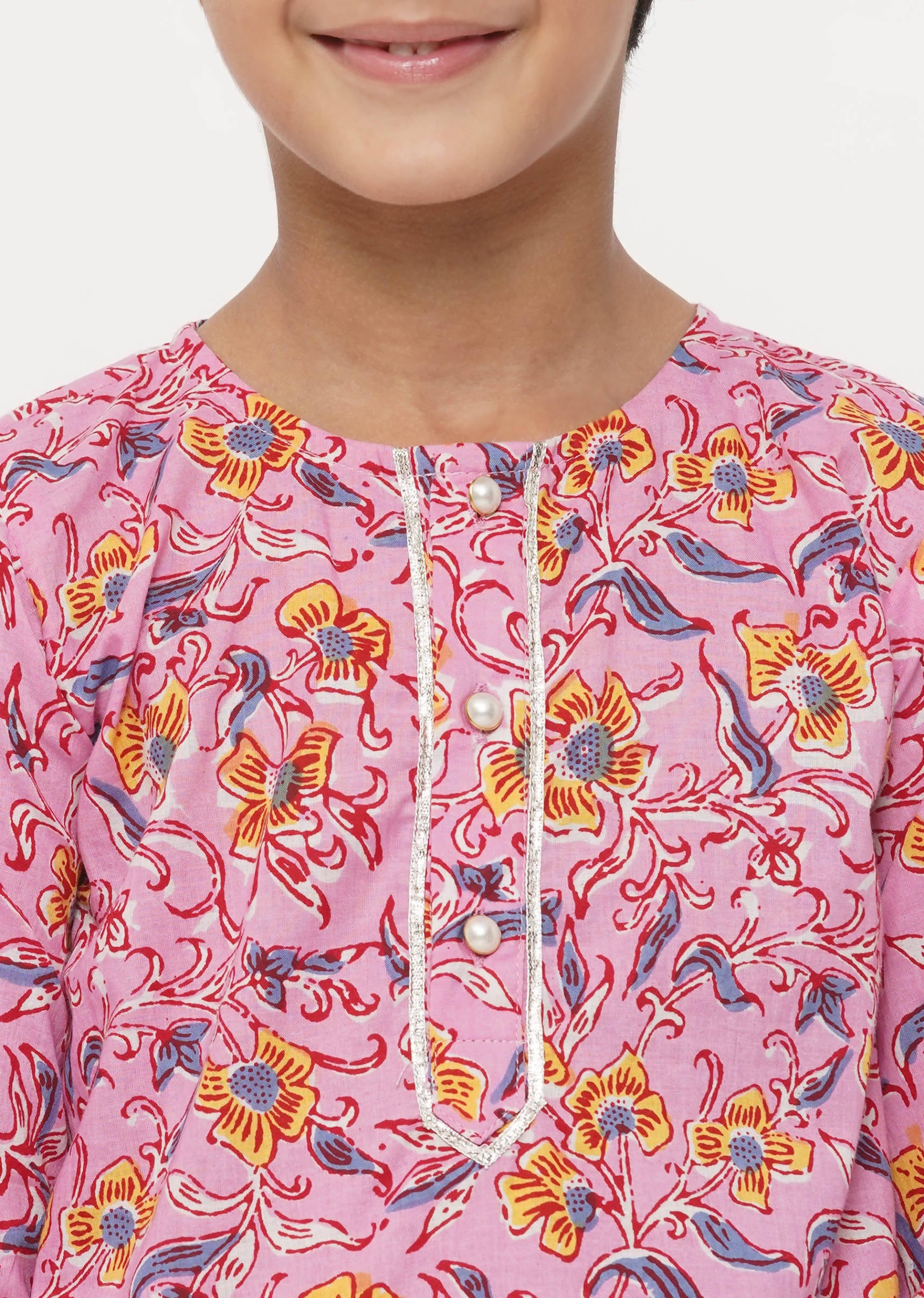 Little Bansi Boys Cotton Block Print Floral Kurta with Pearl Buttons & Pyjama in Pink & Cream | Grocsy