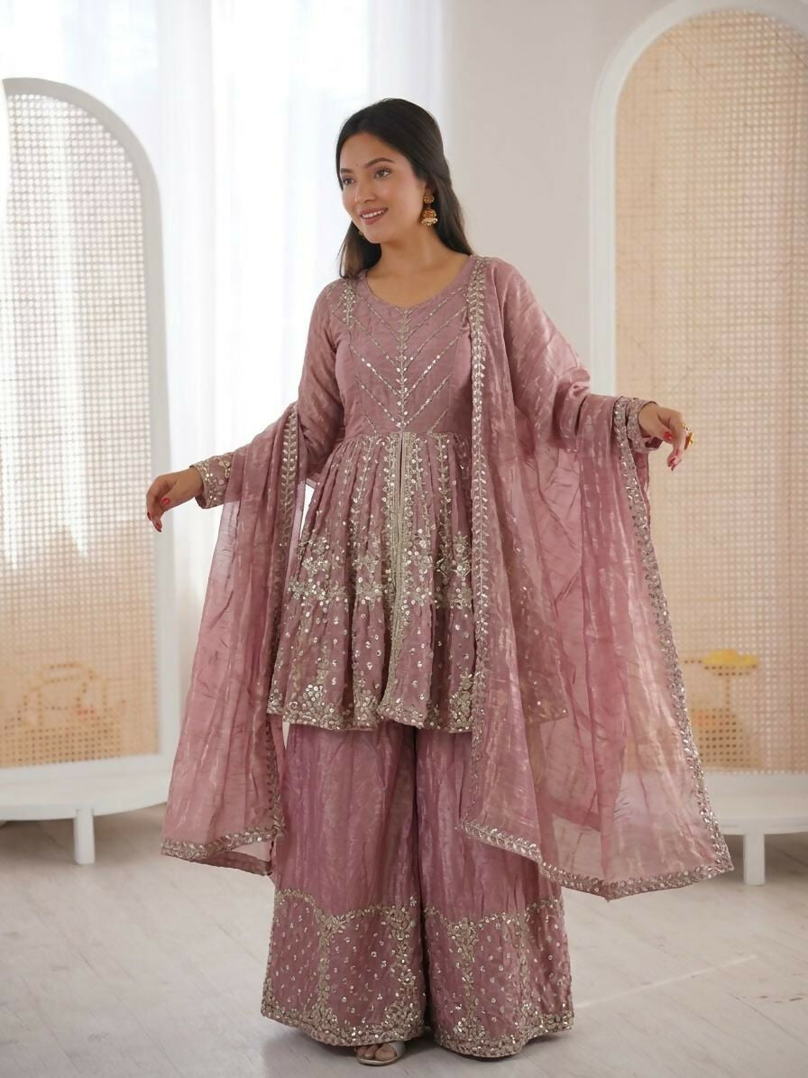 Teeya Creation New Womens Trendy Embroidery Sequence Work Pink Kurta Set | Grocsy