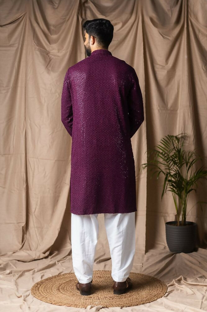 Wine Rayon Thread Embroidery Work Kurta Set - Mahotsav | Grocsy
