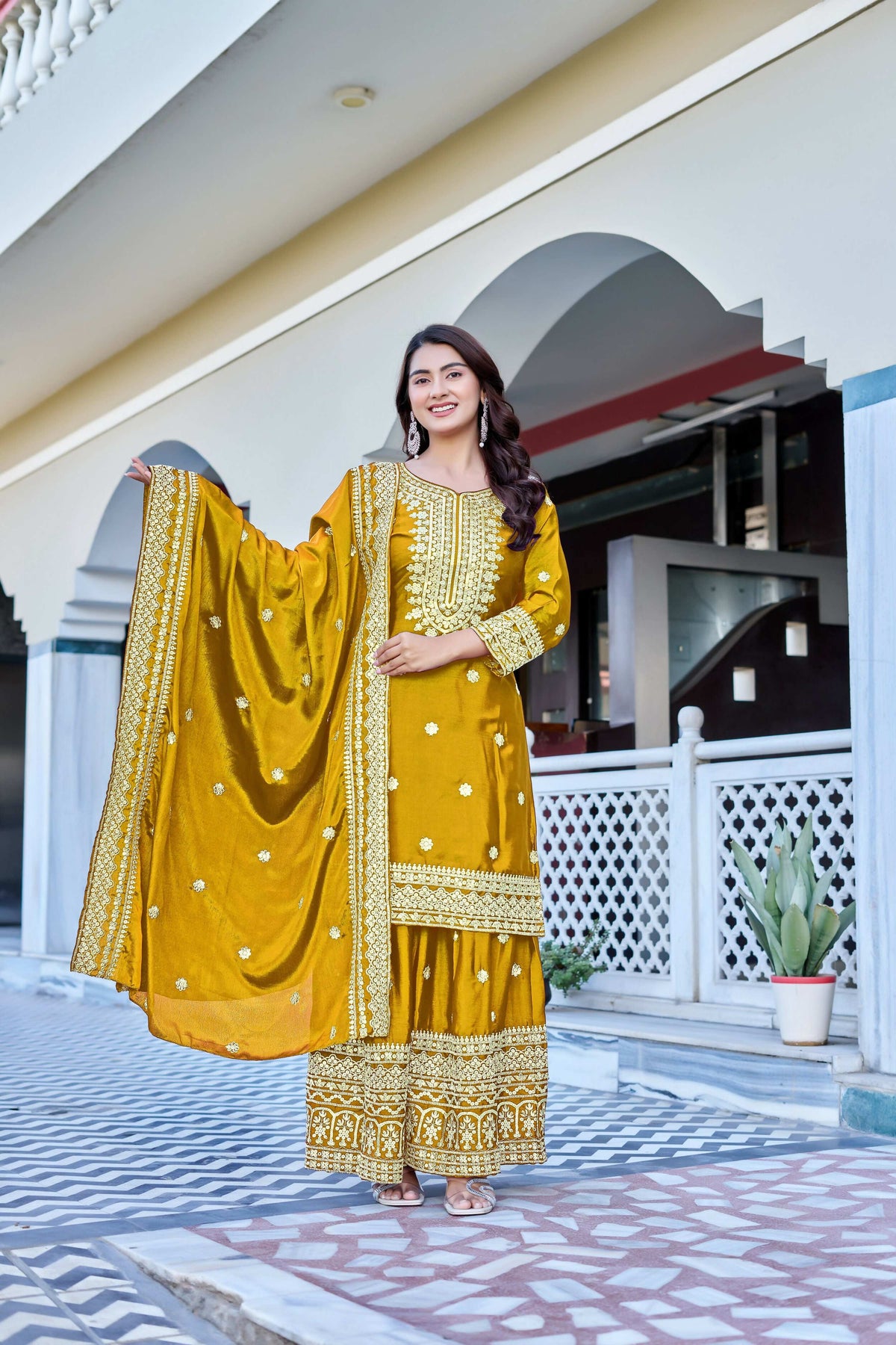 Teeya Creation Yellow Color Chinon Silk Heavy Embroidery Work Wedding Wear Sharara | Grocsy