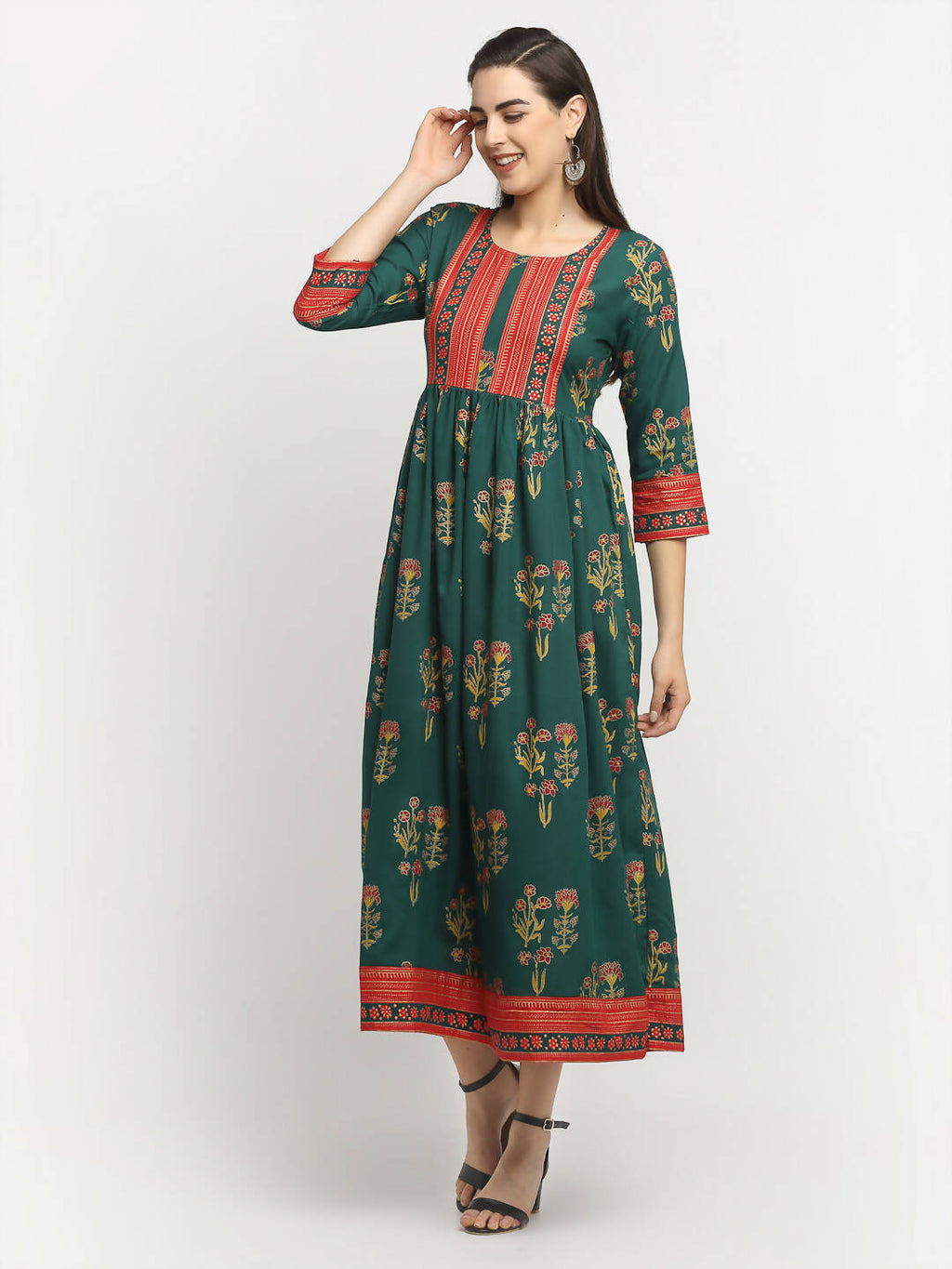 Rudra Bazaar Green Yoke Designed Flared Ethnic Kurta | Grocsy