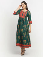 Rudra Bazaar Green Yoke Designed Flared Ethnic Kurta | Grocsy