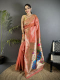 Joban Fashion Light Orange Peacock & Floral Motifs Tissue Paithani Saree | Grocsy