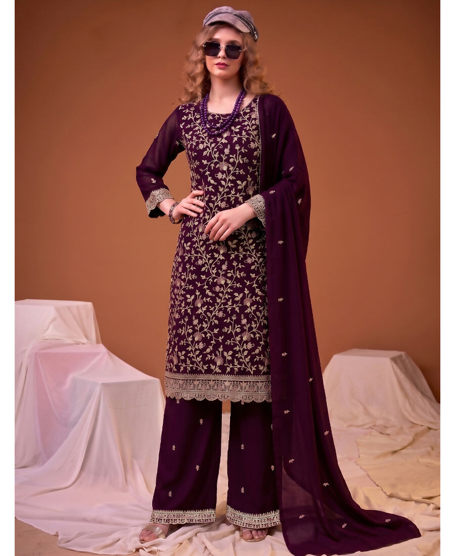 KC Purple Straight Suit For Women Georgette Fabric | Grocsy