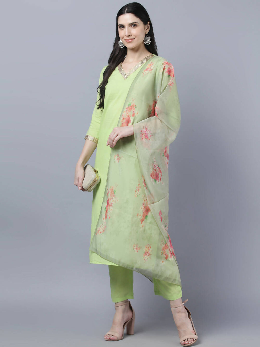 Myshka Women Green Regular Pure Cotton Kurta with Trousers With Dupatta Set | Grocsy