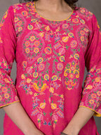 Juniper Women's Pink Thread Embroidered Liva Rayon Kurta With Sequins & Beads | Grocsy