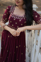 Vastranavya Premium Designer Faux Blooming with Embroidery Zari Sequins work Gown - Maroon | Grocsy