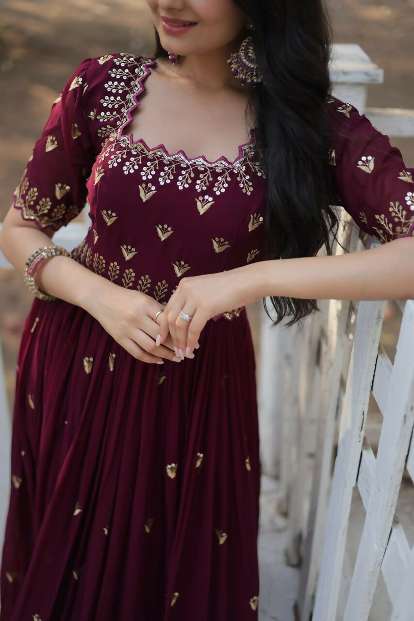 Vastranavya Premium Designer Faux Blooming with Embroidery Zari Sequins work Gown - Maroon | Grocsy