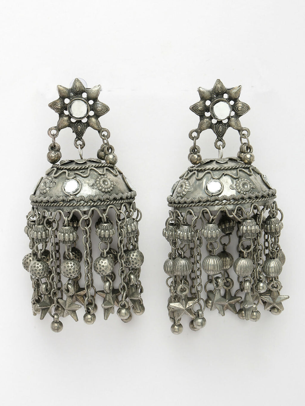 NVR Women's Silver Plated Mirror Work Oxidised Contemporary Jhumka Earrings | Grocsy