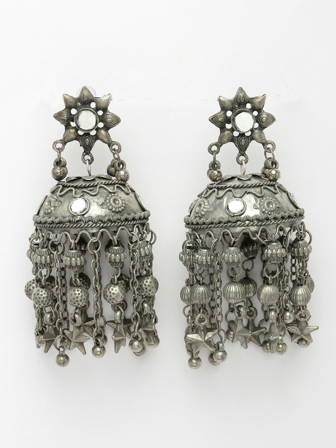 NVR Women's Silver Plated Mirror Work Oxidised Contemporary Jhumka Earrings | Grocsy