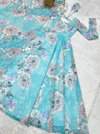 Evanik Skyblue Georgette Floral Print Fully Flair Gown Dupatta Ready To Wear | Grocsy