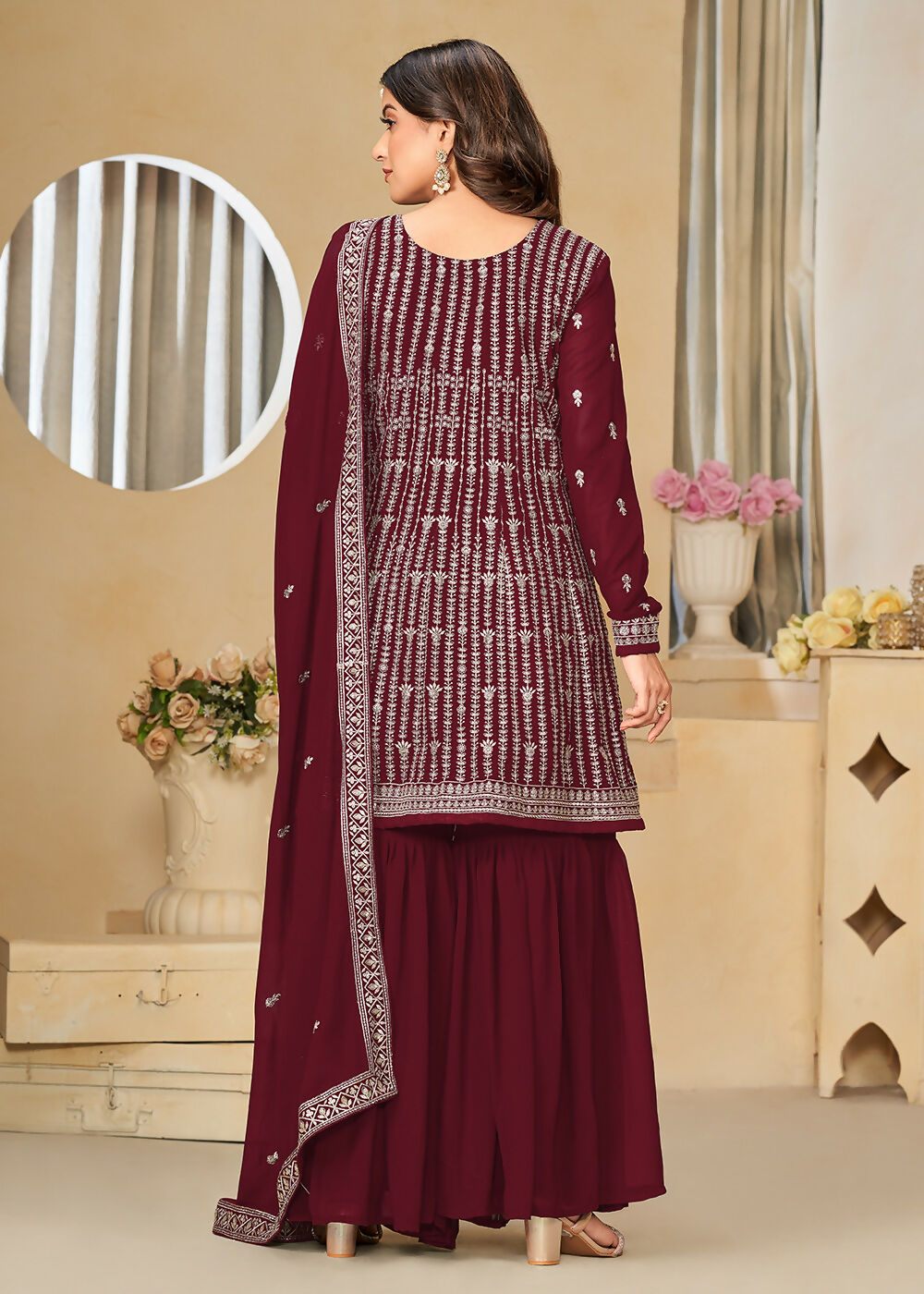 Faux Georgette Maroon Embroidered Gharara Style Suit - Emponline | Grocsy
