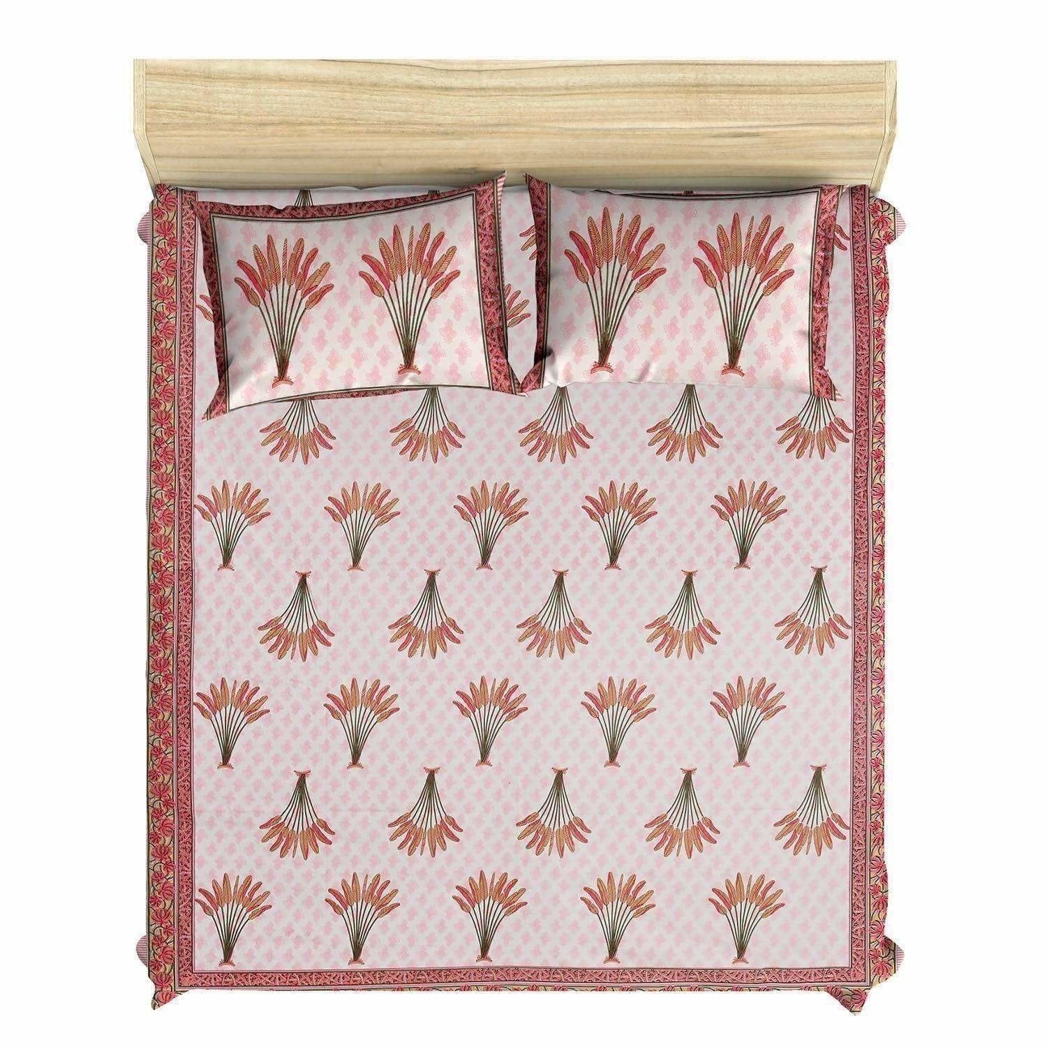 Jaipuri Hand Block Printed Traditional 144TC Cotton Double/Queen Bedsheet with 2 Pillow Covers | Grocsy