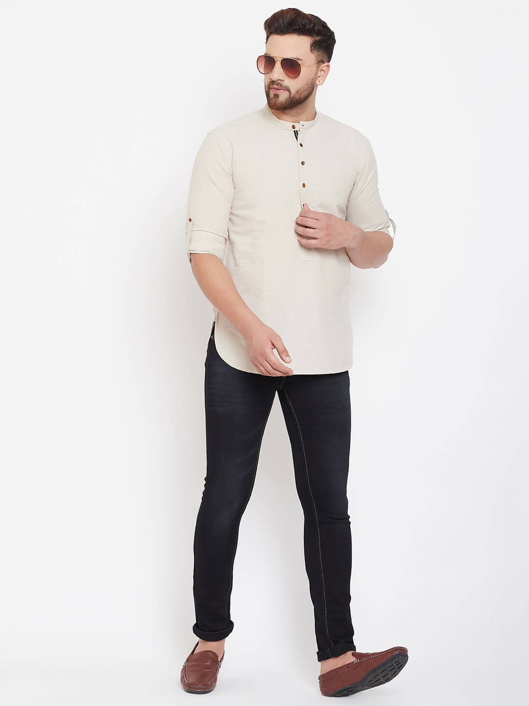 Even Apparels Beige Pure Cotton Men's Kurta With Band Collar | Grocsy