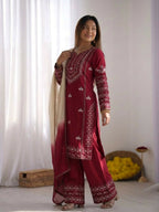 Teeya Creation Womens Trendy Stylish Embroidery Thread Work Maroon Kurta Set | Grocsy