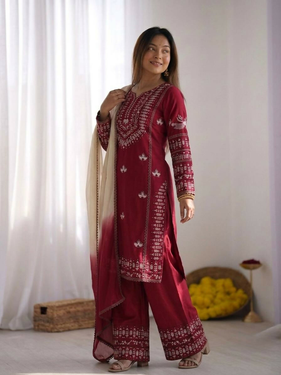 Teeya Creation Womens Trendy Stylish Embroidery Thread Work Maroon Kurta Set | Grocsy