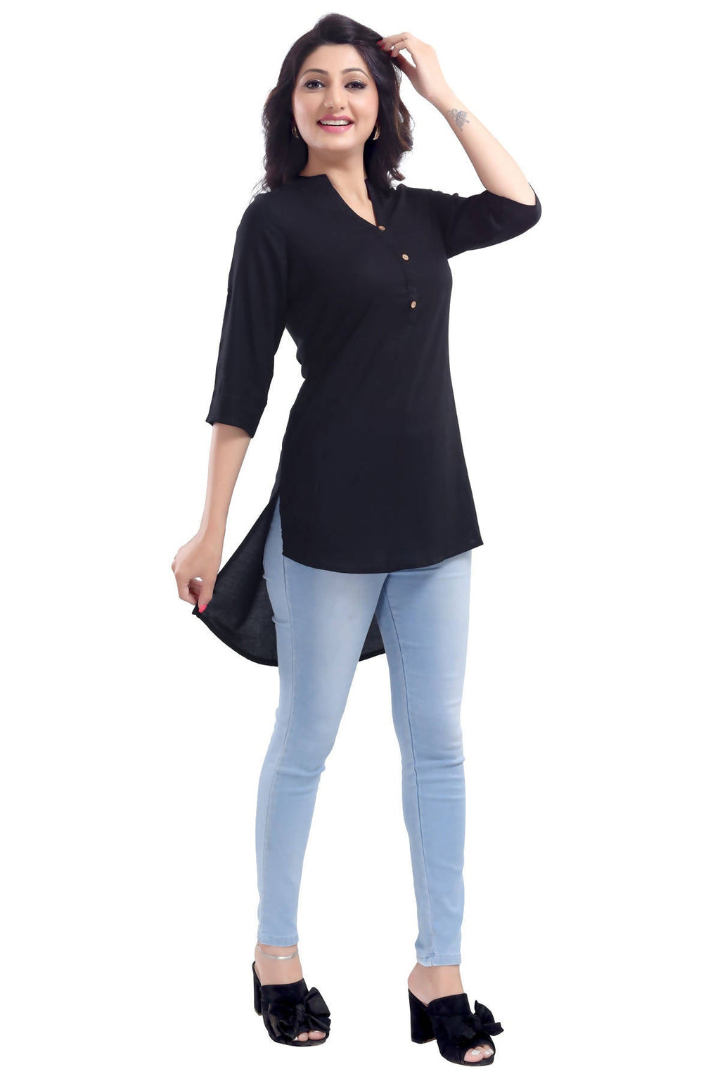Snehal Creations Beauteous Black Button Down Styled Rayon Kurti For Women | Grocsy