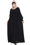 Bashariya Loose From Chest| Arabian Abaya With Gather and Smocky Sleeves - Black | Grocsy
