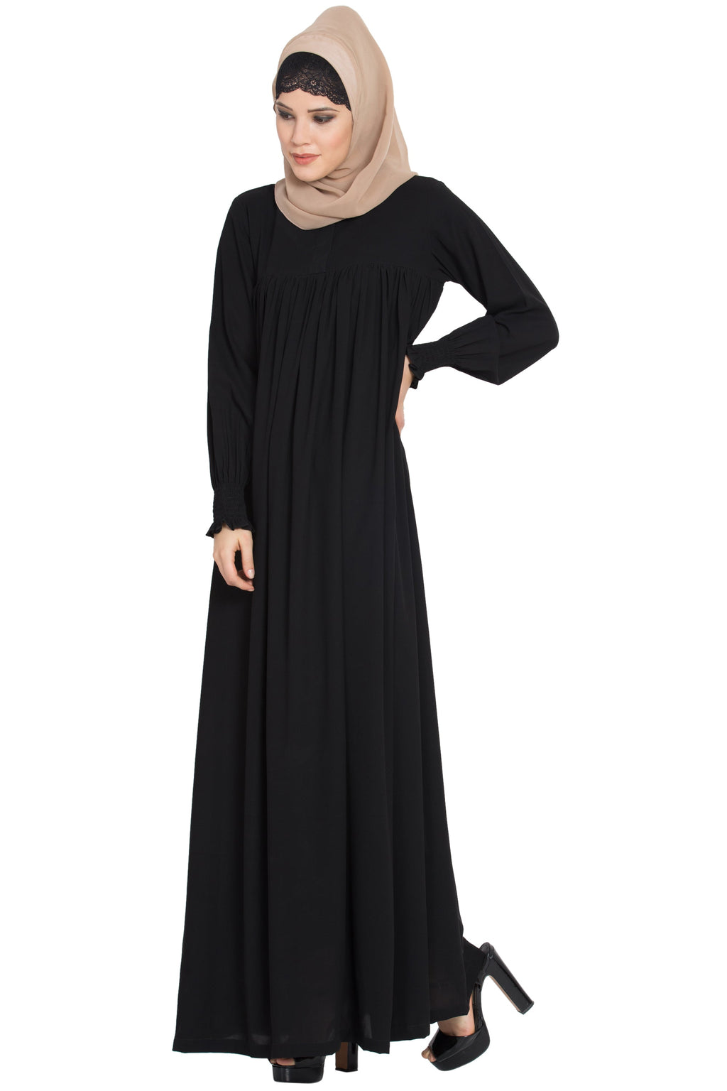 Bashariya Loose From Chest| Arabian Abaya With Gather and Smocky Sleeves - Black | Grocsy