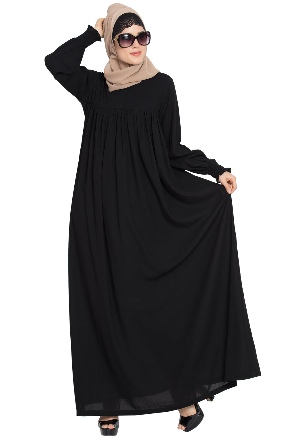 Bashariya Loose From Chest| Arabian Abaya With Gather and Smocky Sleeves - Black | Grocsy
