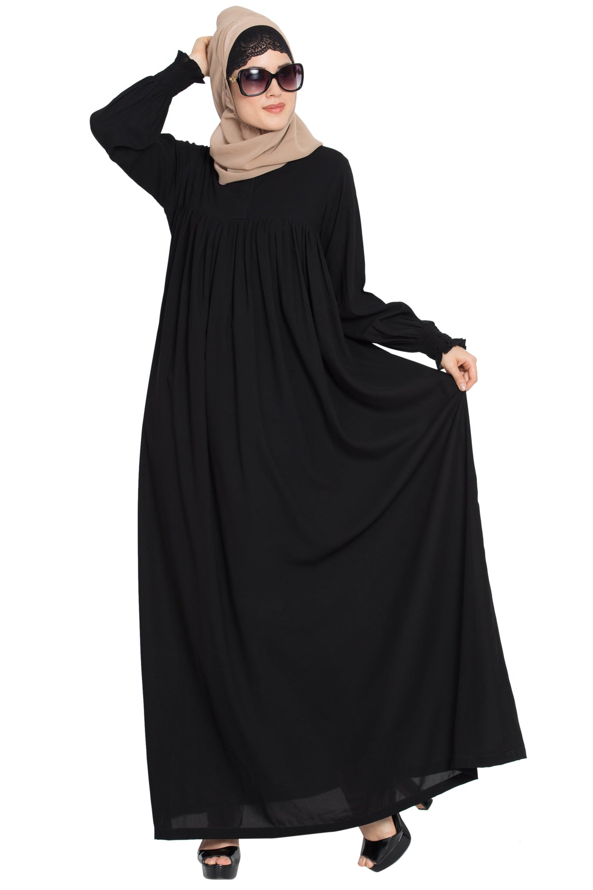 Bashariya Loose From Chest| Arabian Abaya With Gather and Smocky Sleeves - Black | Grocsy