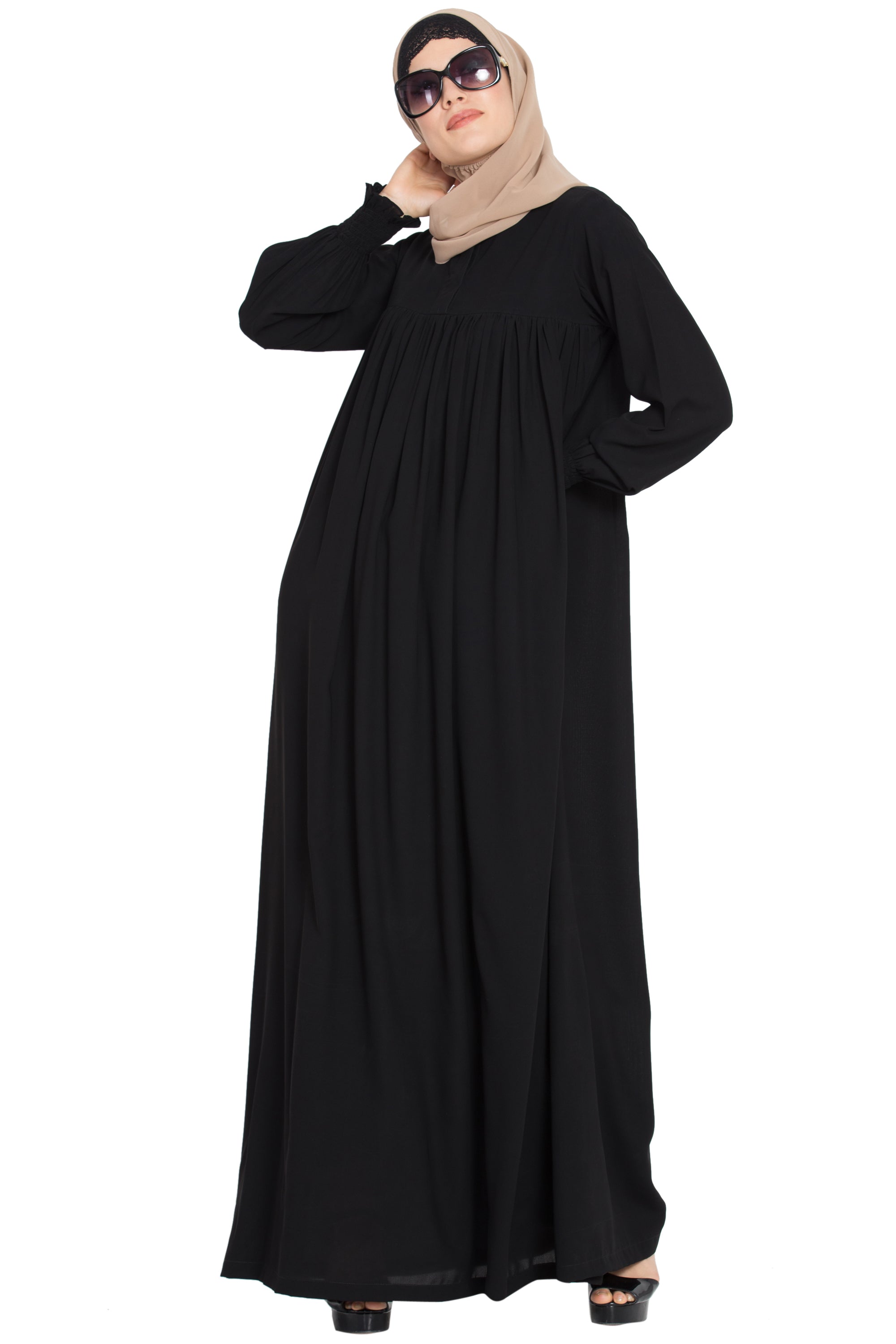 Bashariya Loose From Chest| Arabian Abaya With Gather and Smocky Sleeves - Black | Grocsy
