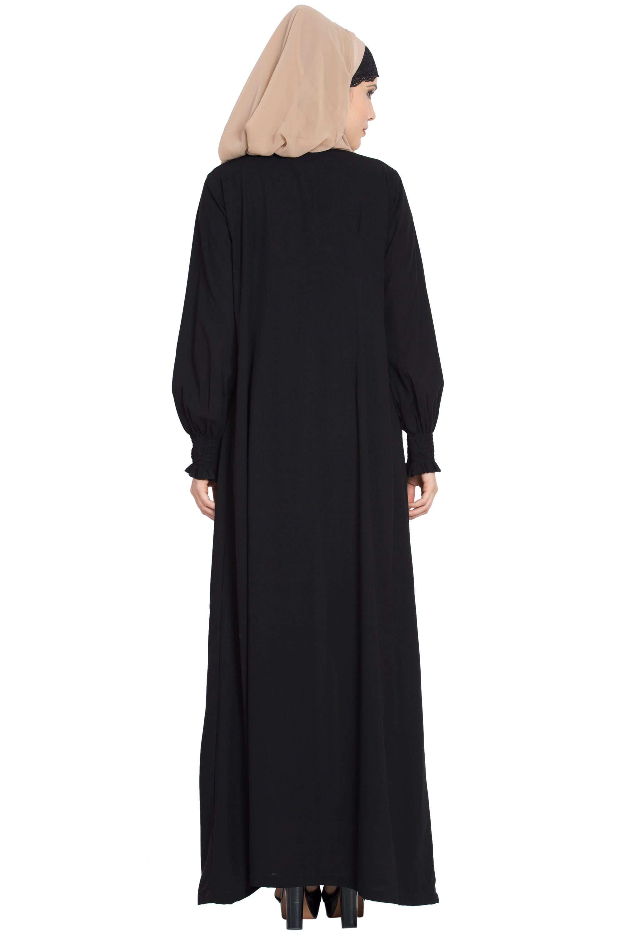 Bashariya Loose From Chest| Arabian Abaya With Gather and Smocky Sleeves - Black | Grocsy