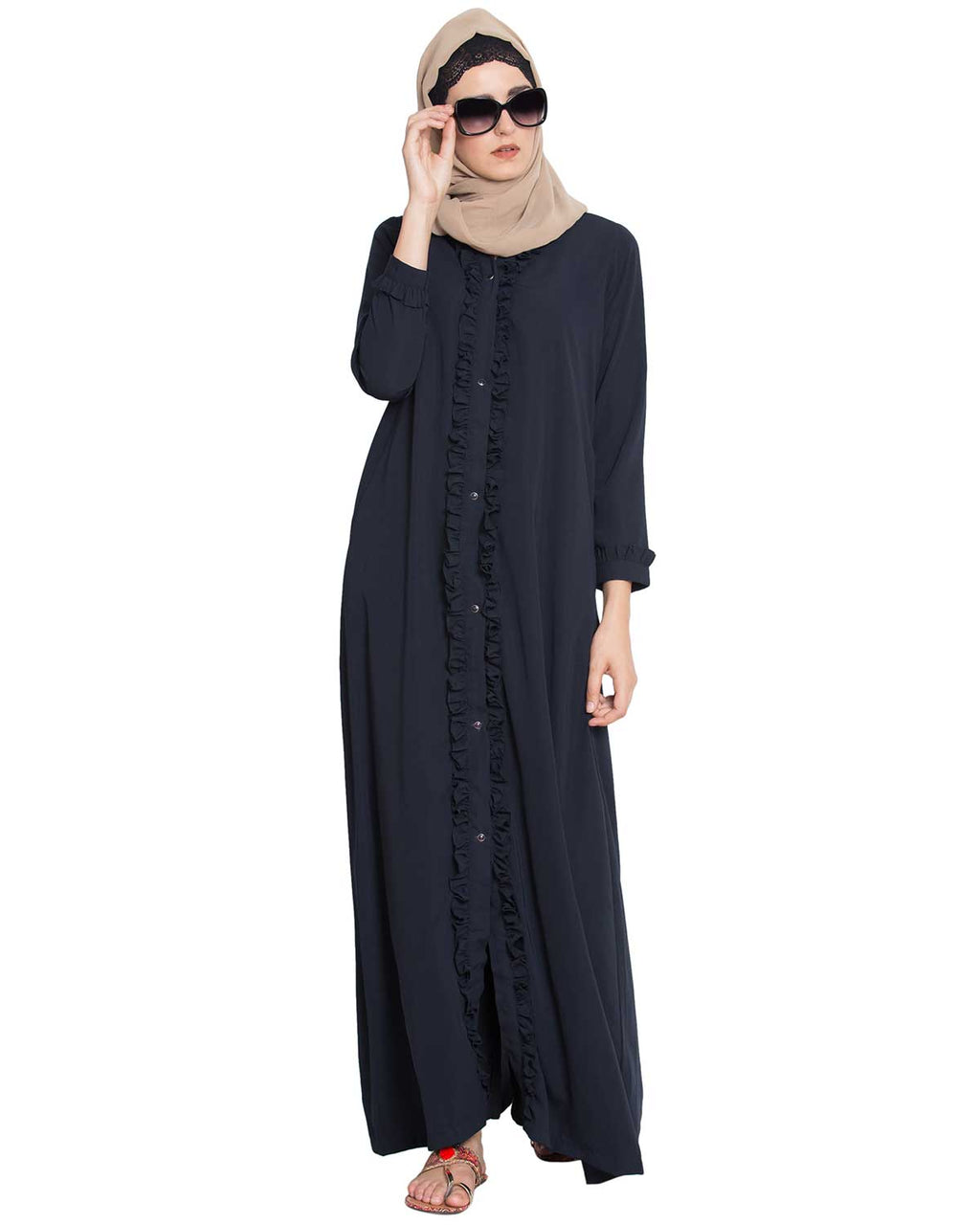Bashariya Front Open Abaya With Ruffled Panels and Side Pockets - NavyBlue | Grocsy